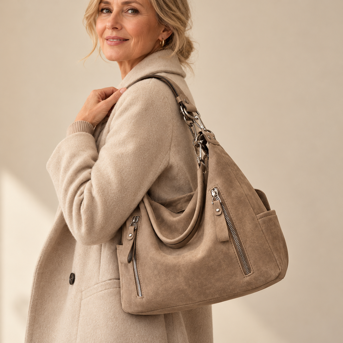 Beryl Suede-Look Zip Hobo Bag