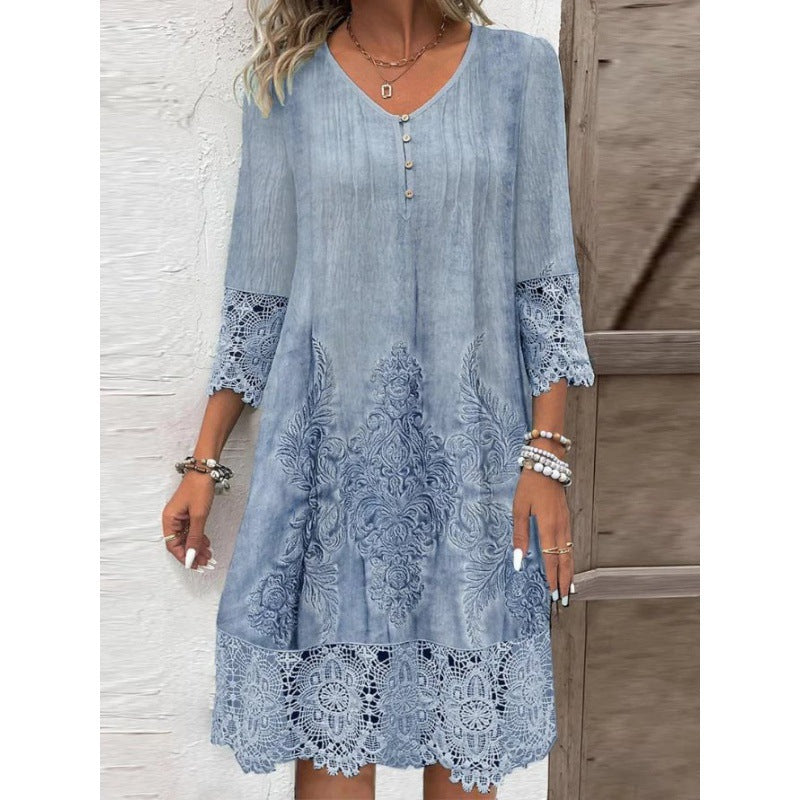 Costanza – Blue Women's Lace Trim Button V-Neck Midi Dress