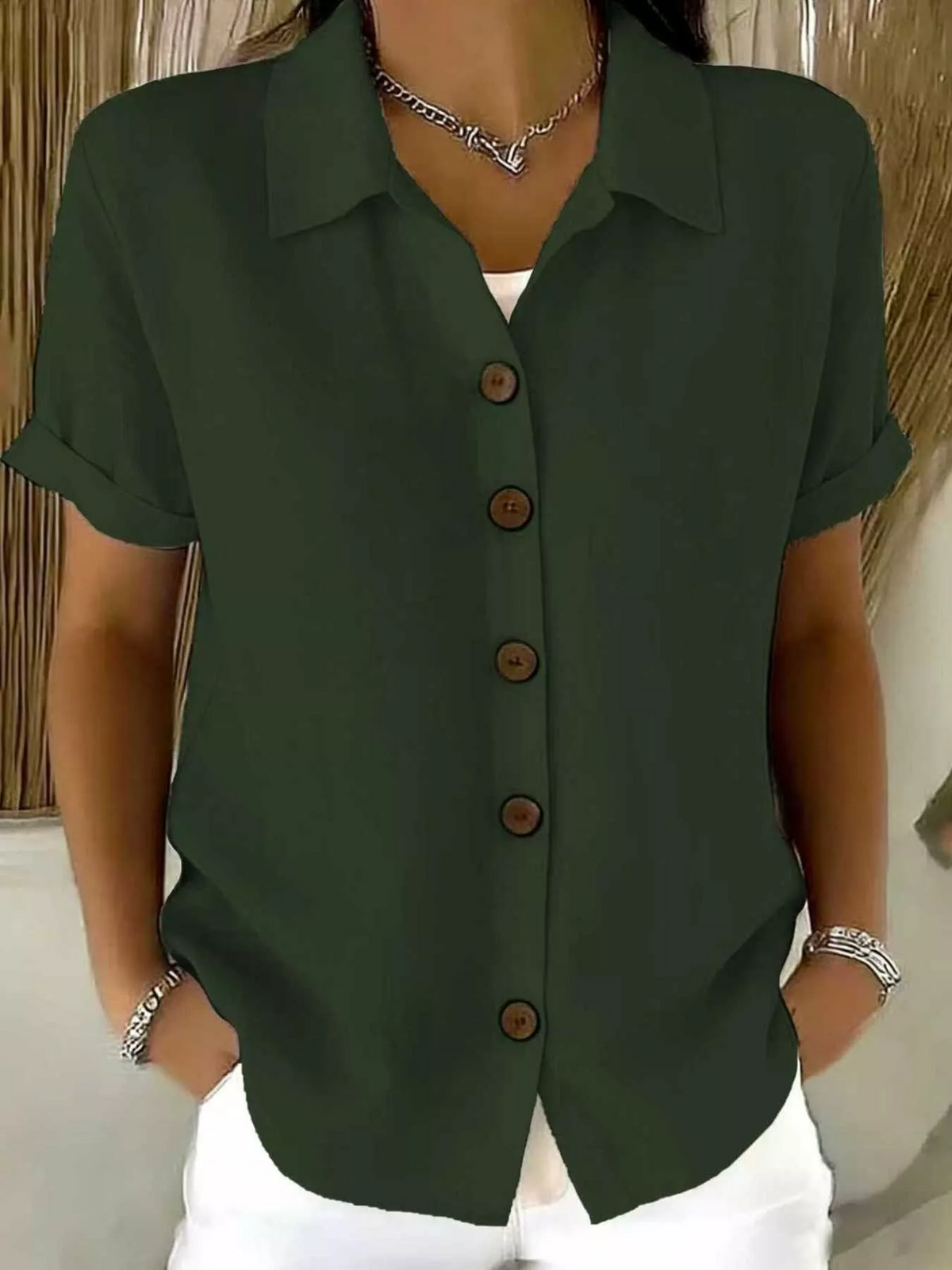 Rosalba – Dark Green Women's Short-Sleeve Button-Up Shirt