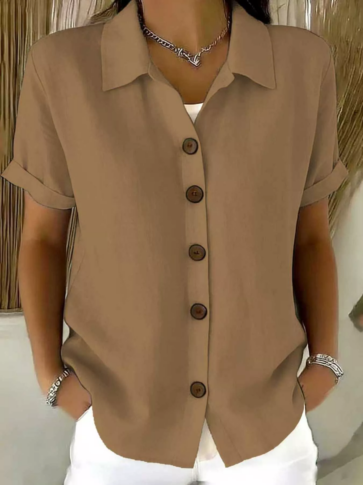 Rosalba – Brown Women's Short-Sleeve Button-Up Shirt