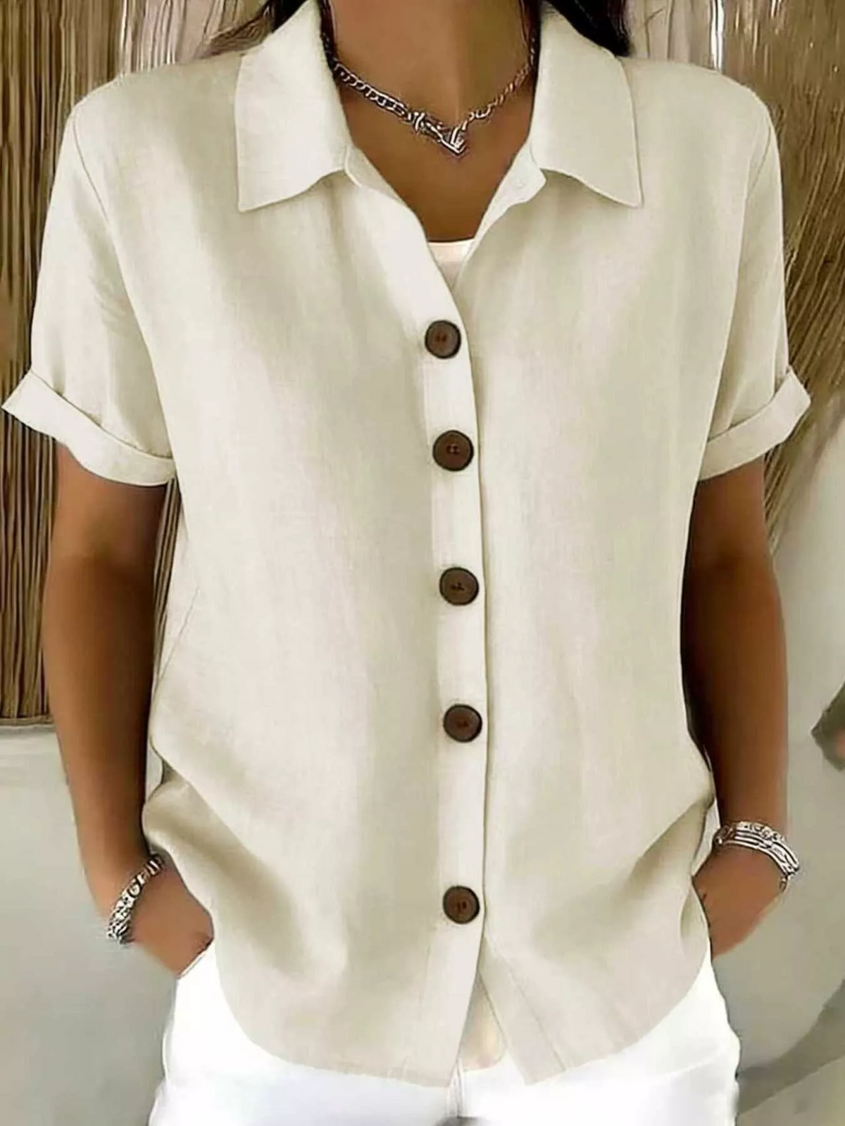 Rosalba – Cream Women's Short-Sleeve Button-Up Shirt