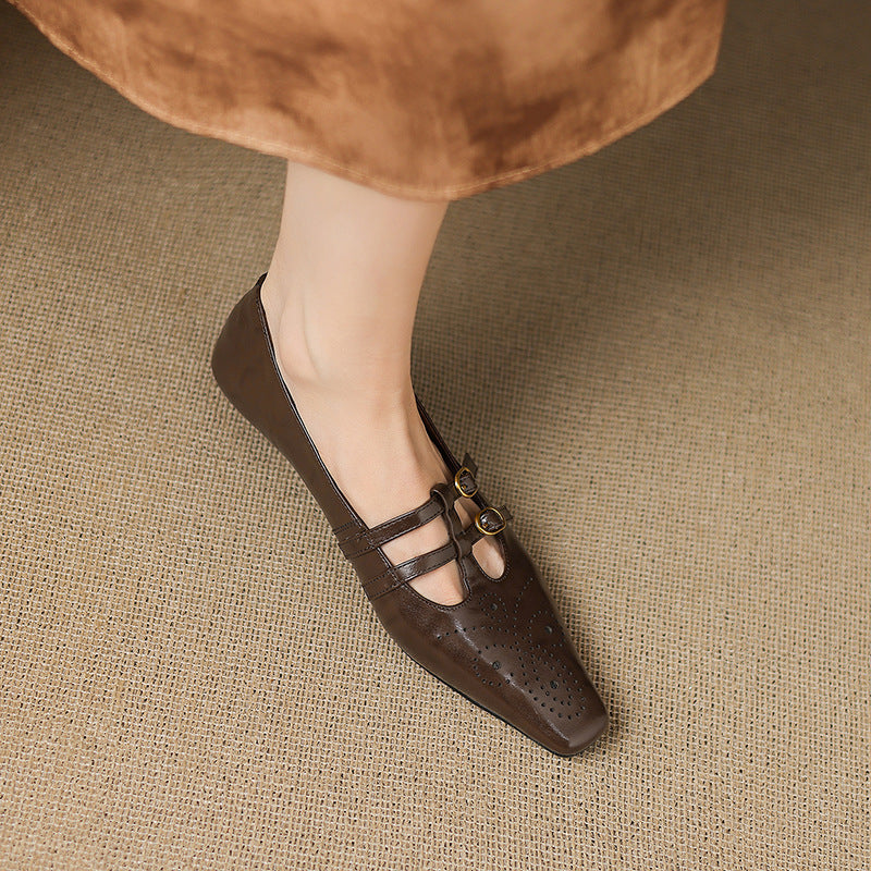 Enid Brogued Double-Strap Mary Jane Flats