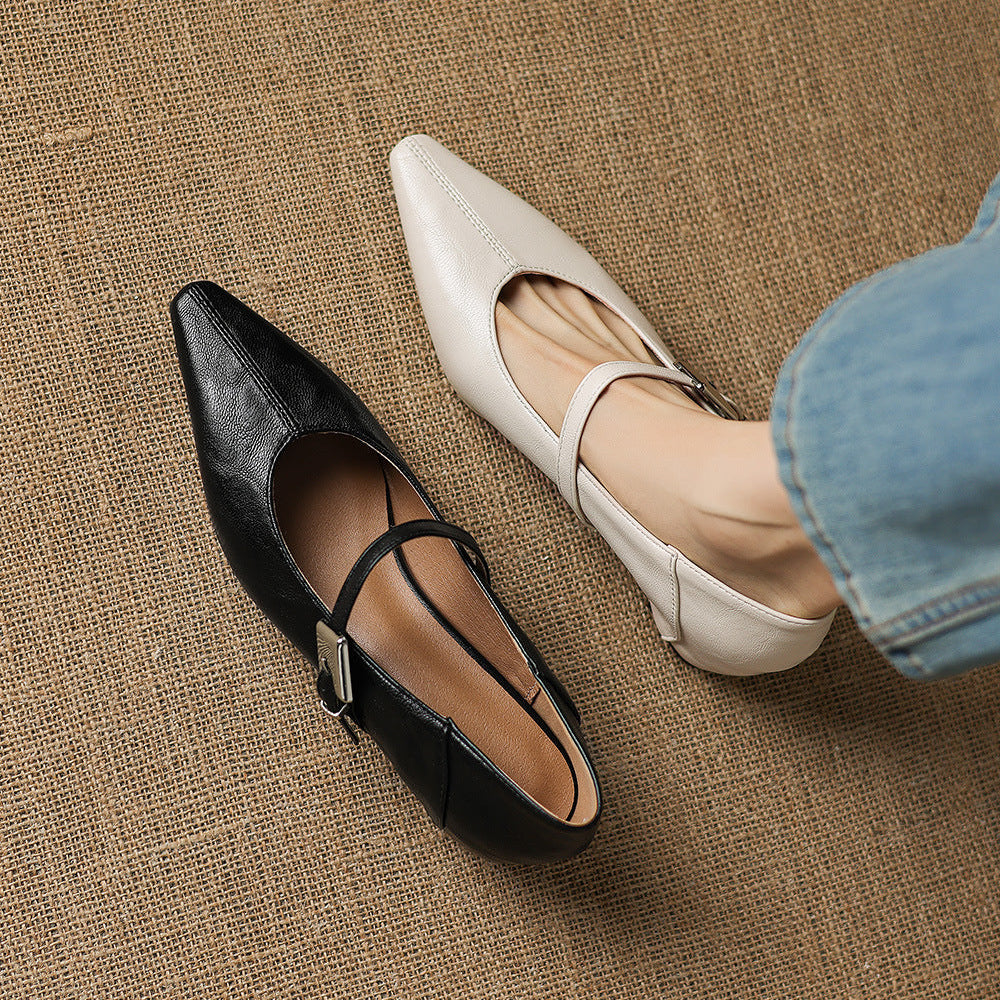 Gretel Pointed-Toe Leather Mary Jane Flats