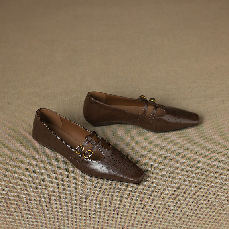 Enid Brogued Double-Strap Mary Jane Flats