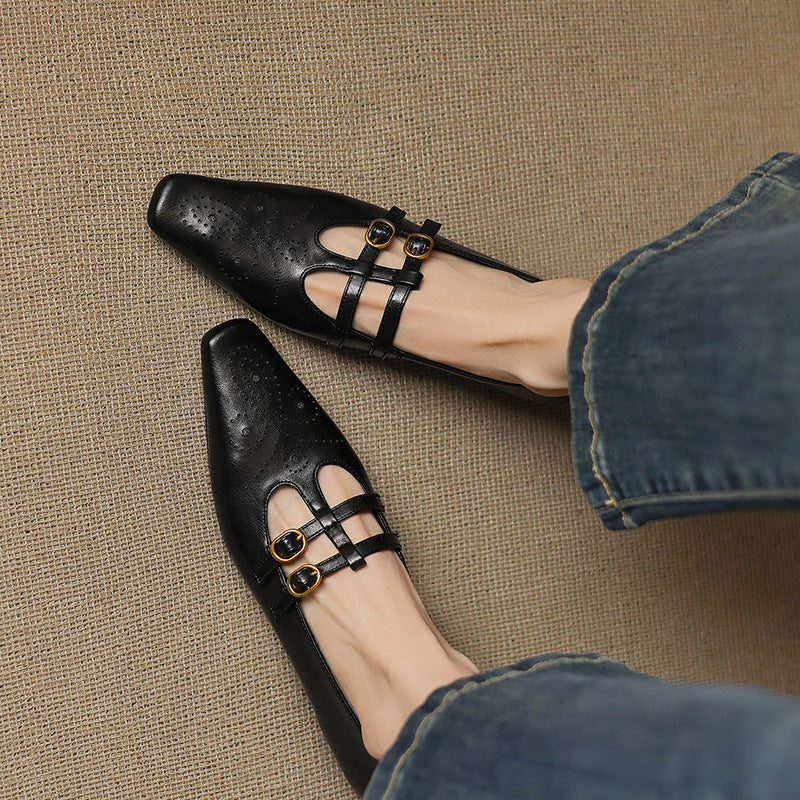Enid Brogued Double-Strap Mary Jane Flats