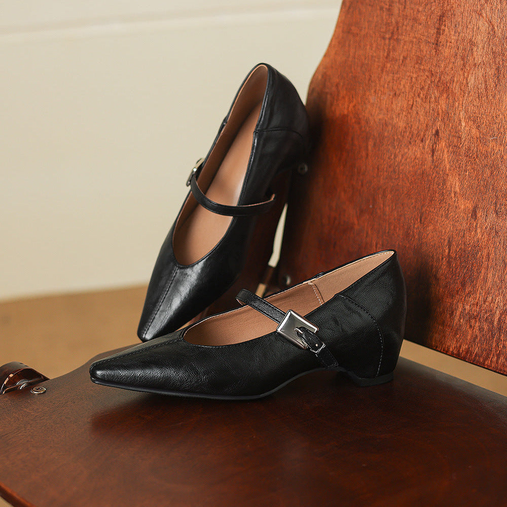 Gretel Pointed-Toe Leather Mary Jane Flats
