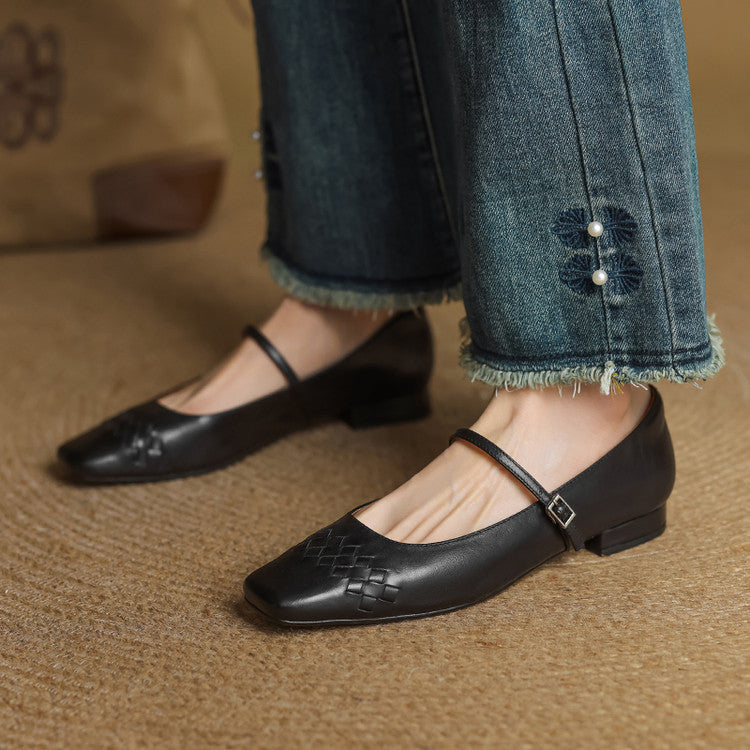 Cleo Woven Square-Toe Mary Jane Flats - Black
