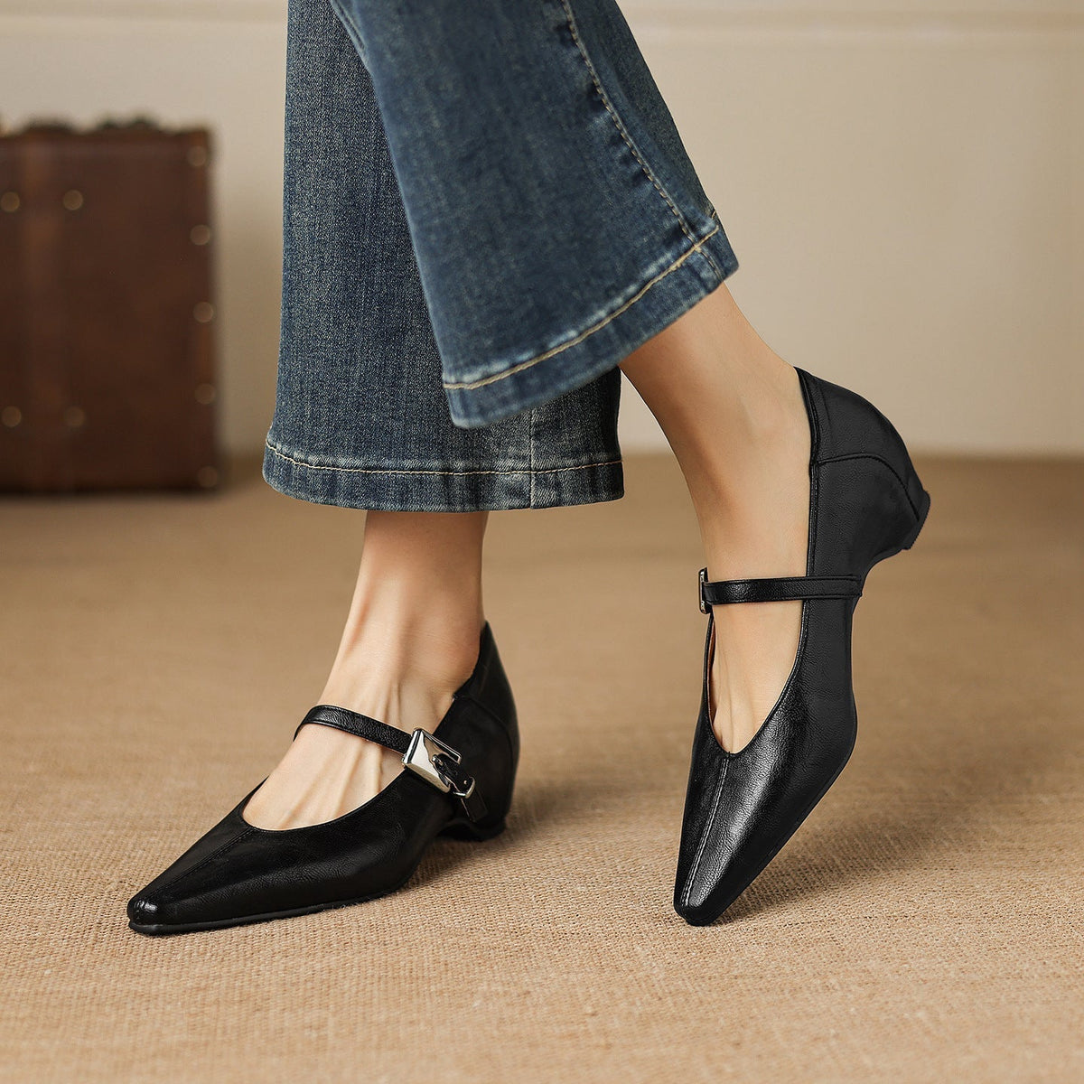 Gretel Pointed-Toe Leather Mary Jane Flats