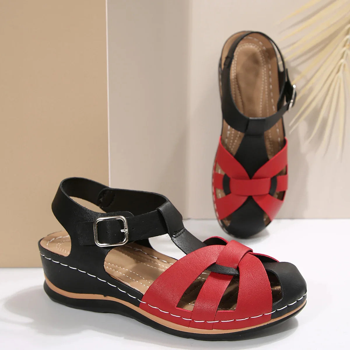 Wilma – Black & Red Orthopaedic Woven Cross-Strap Wedge Sandals