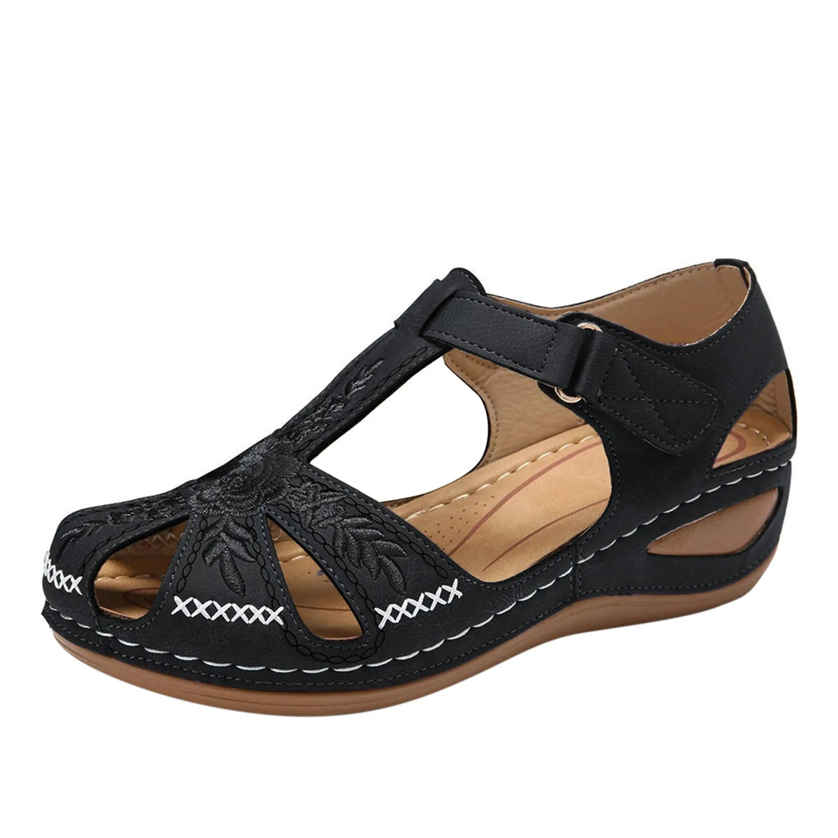 Vonnie – Black Orthopaedic Closed-Toe Embroidered Wedge Sandals