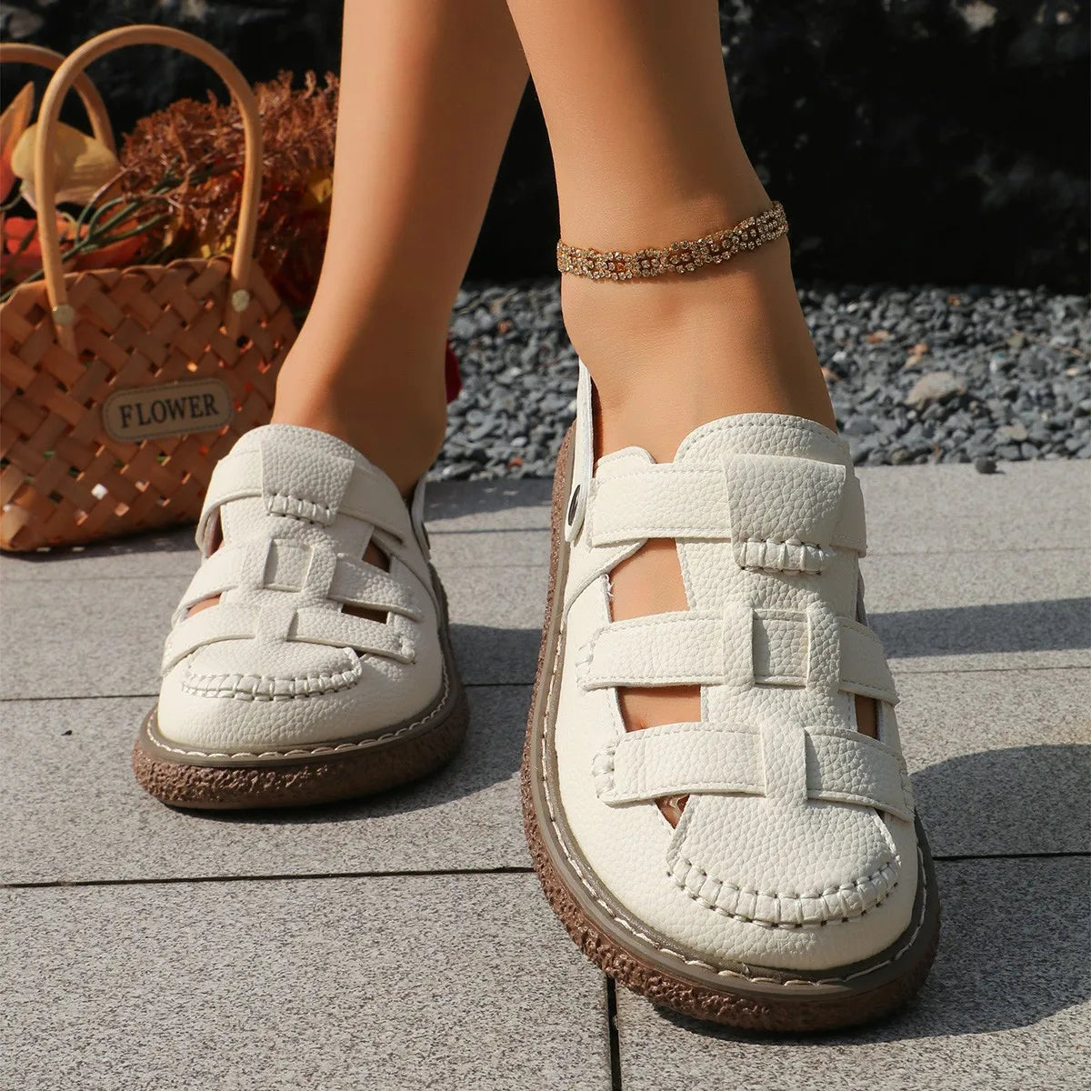 Marlene – Cream fisherman sandals worn front view