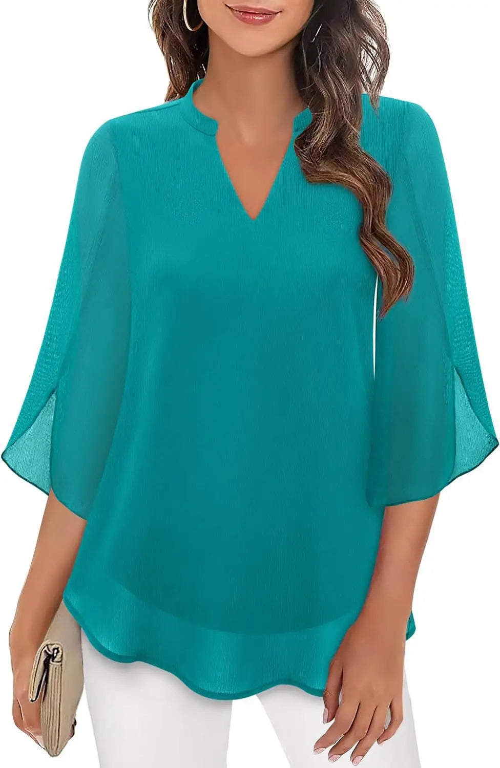 Lynda – Teal Layered Chiffon V-Neck Split-Sleeve Blouse