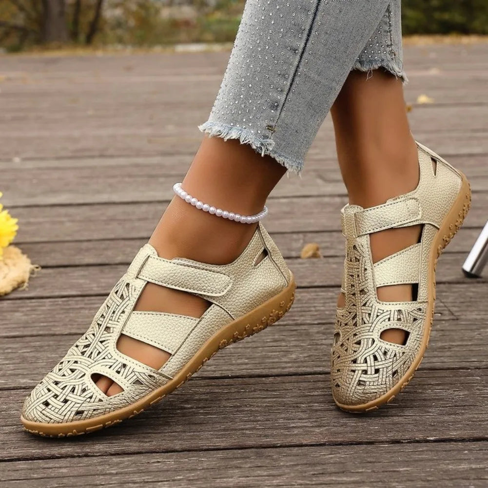 Ginette – Gold Orthopaedic Closed-Toe Perforated Flat Shoes