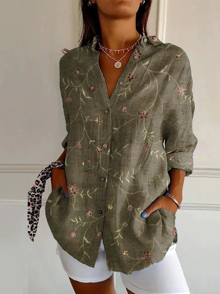 Sunniva – Olive Floral Floral Print Relaxed Button-Down Shirt