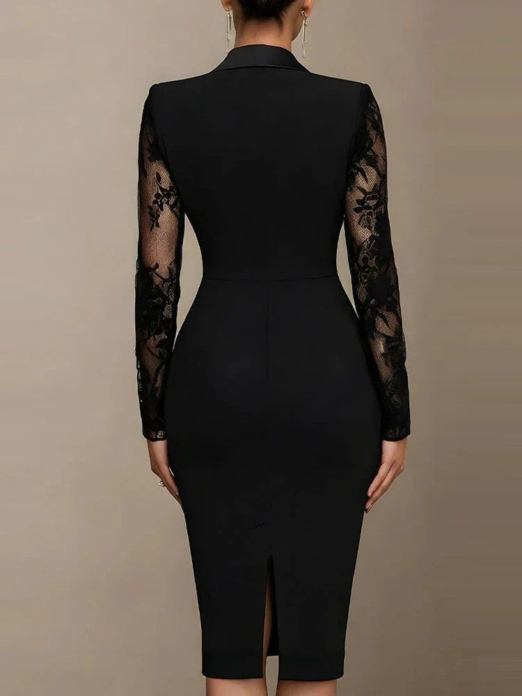 Fabienne Tuxedo Lace-Sleeve Midi Dress