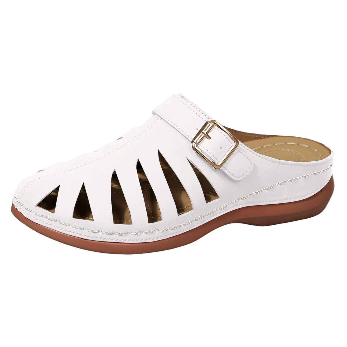 Francine – White Orthopaedic Closed-Toe Cut-Out Wedge Mules