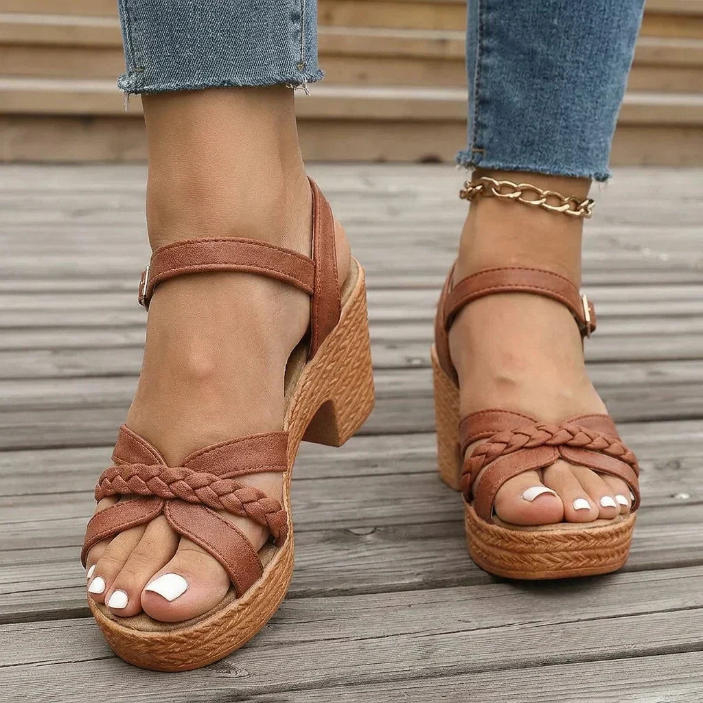 Prudence braided block heel sandals worn