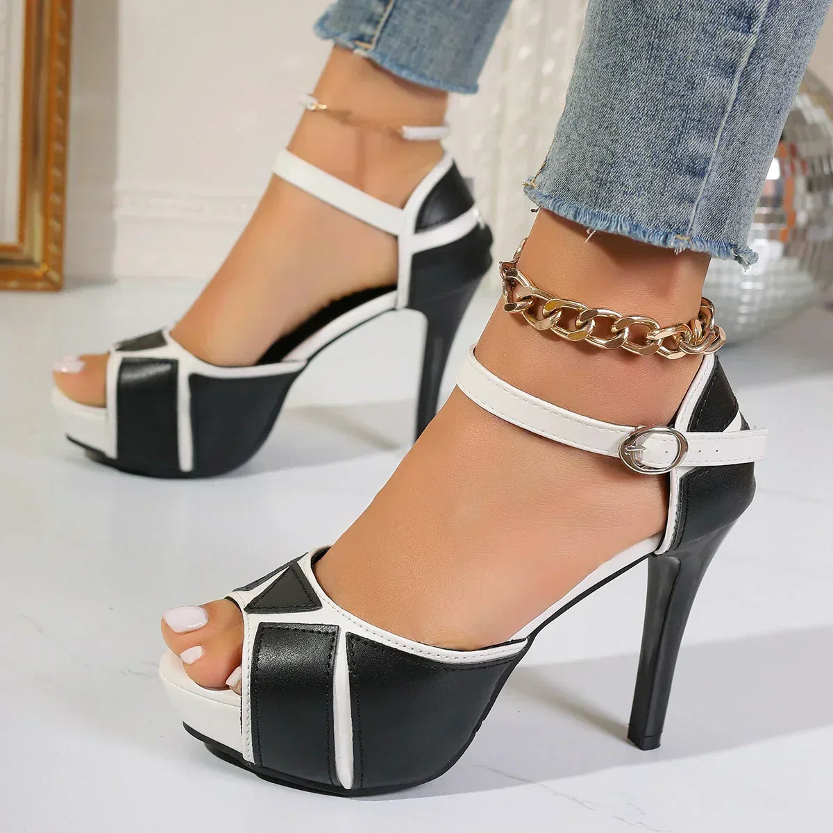 Delia women's two-tone platform ankle-strap heels
