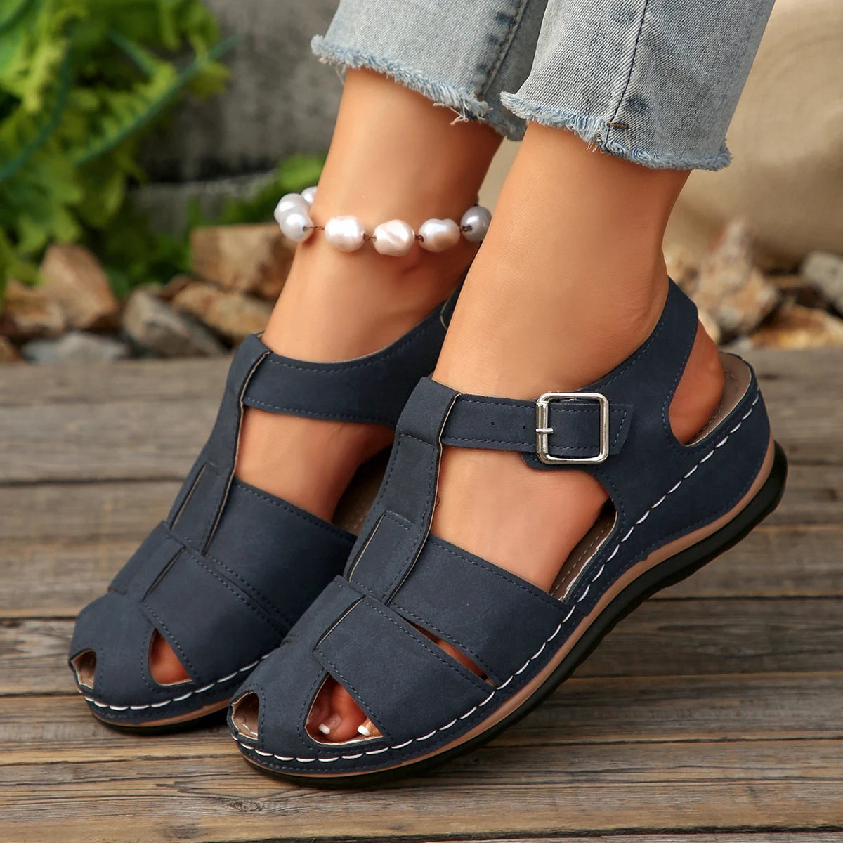 Minnie – Navy Blue Orthopaedic Buckle Fisherman Wedge Sandals