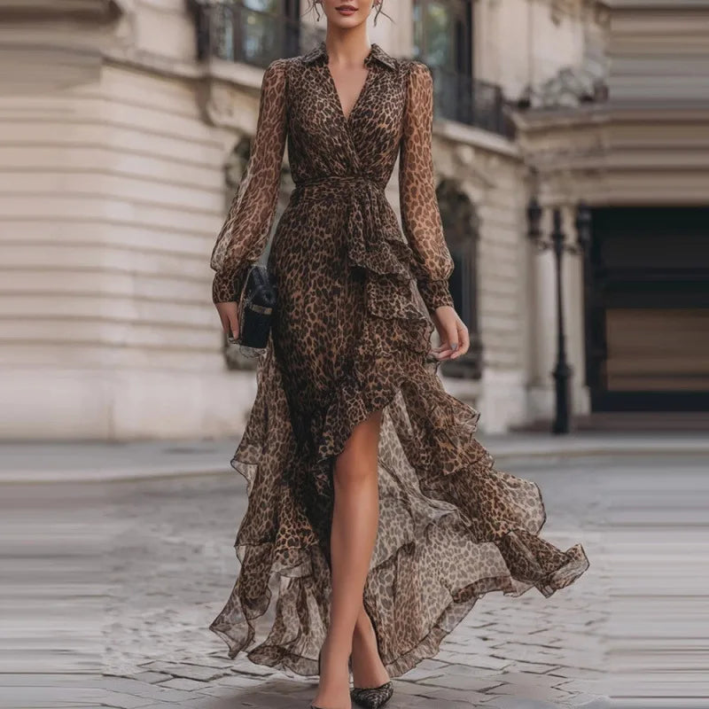 Roselyn Leopard Print Ruffle Maxi Dress