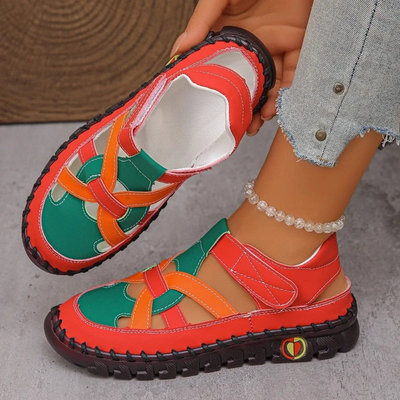 Joanne – Red Multi Orthopaedic Closed-Toe Colour-Block Sandals
