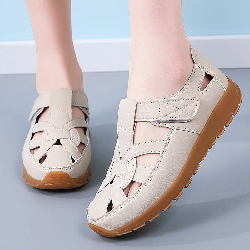 Ailsa – Beige Orthopaedic Closed-Toe Leather Flat Sandals