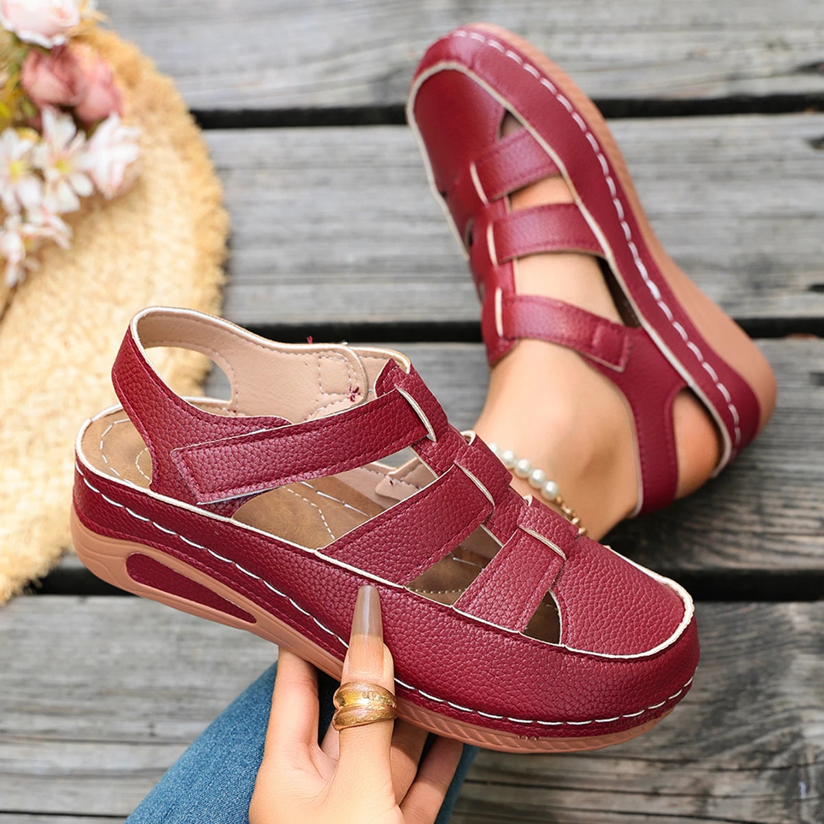 Glenys – Burgundy closed-toe wedge sandals side view