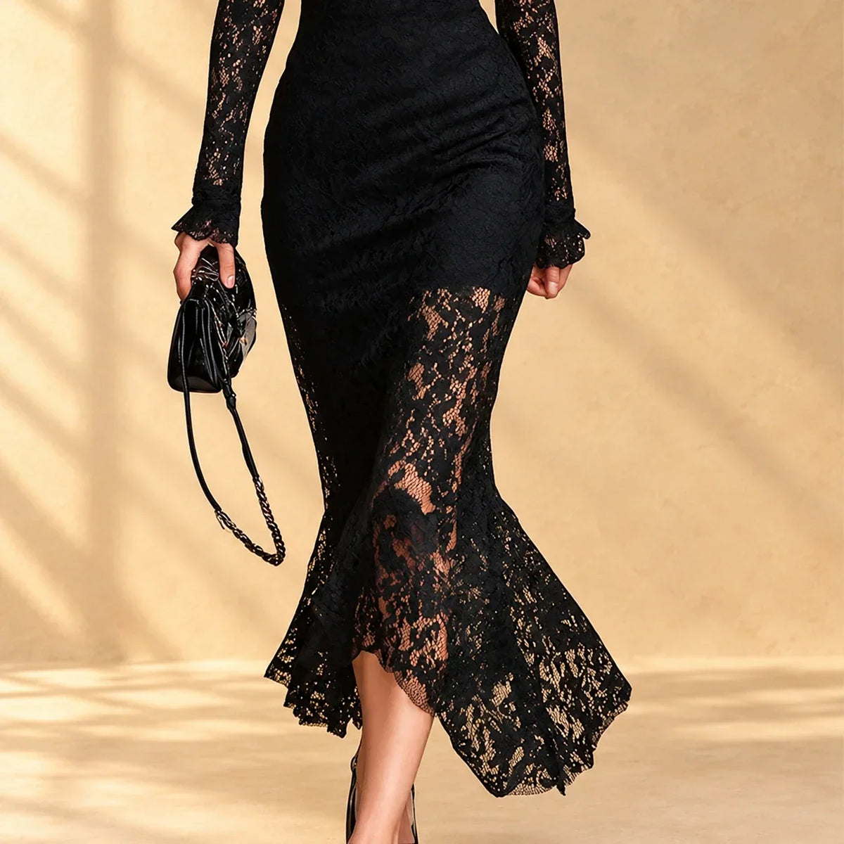 Ariane Mock-Neck Lace Evening Dress