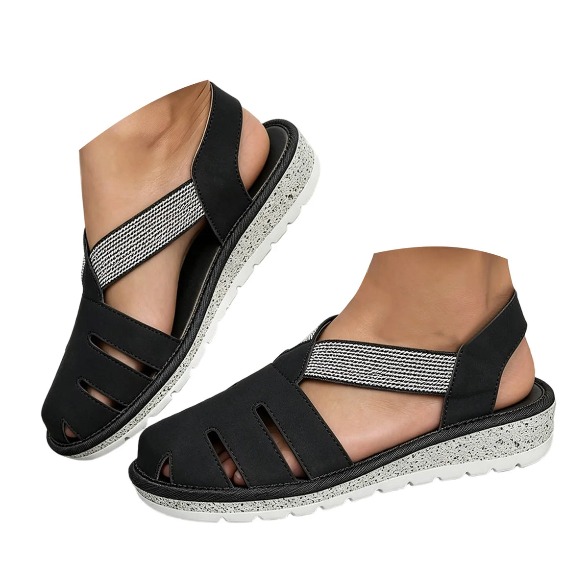 Freda – Black Orthopaedic Closed-Toe Elastic Strap Sandals