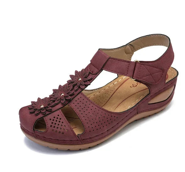 Jolene – Plum Orthopaedic Closed-Toe Floral Wedge Sandals