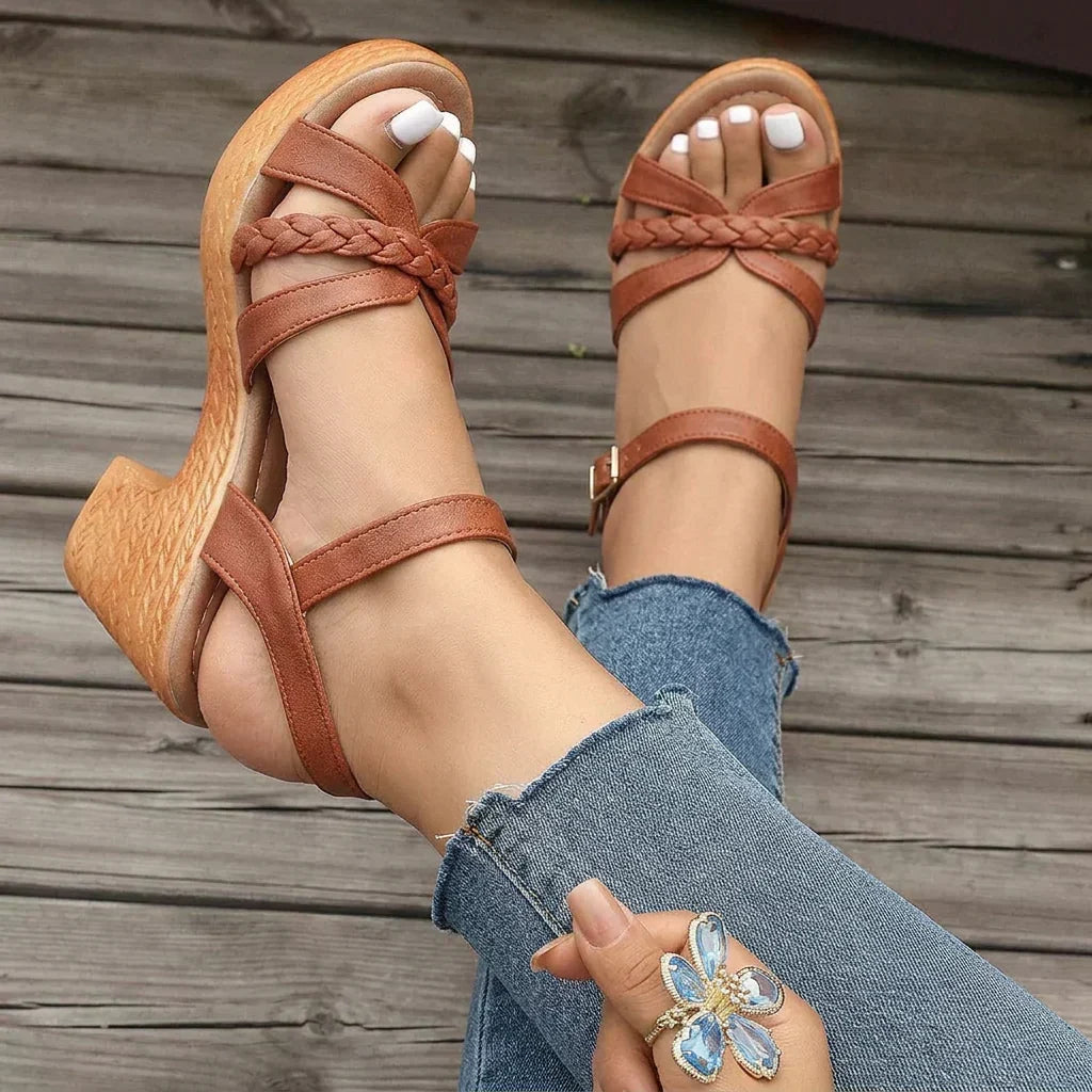 Prudence braided block heel sandals in brown