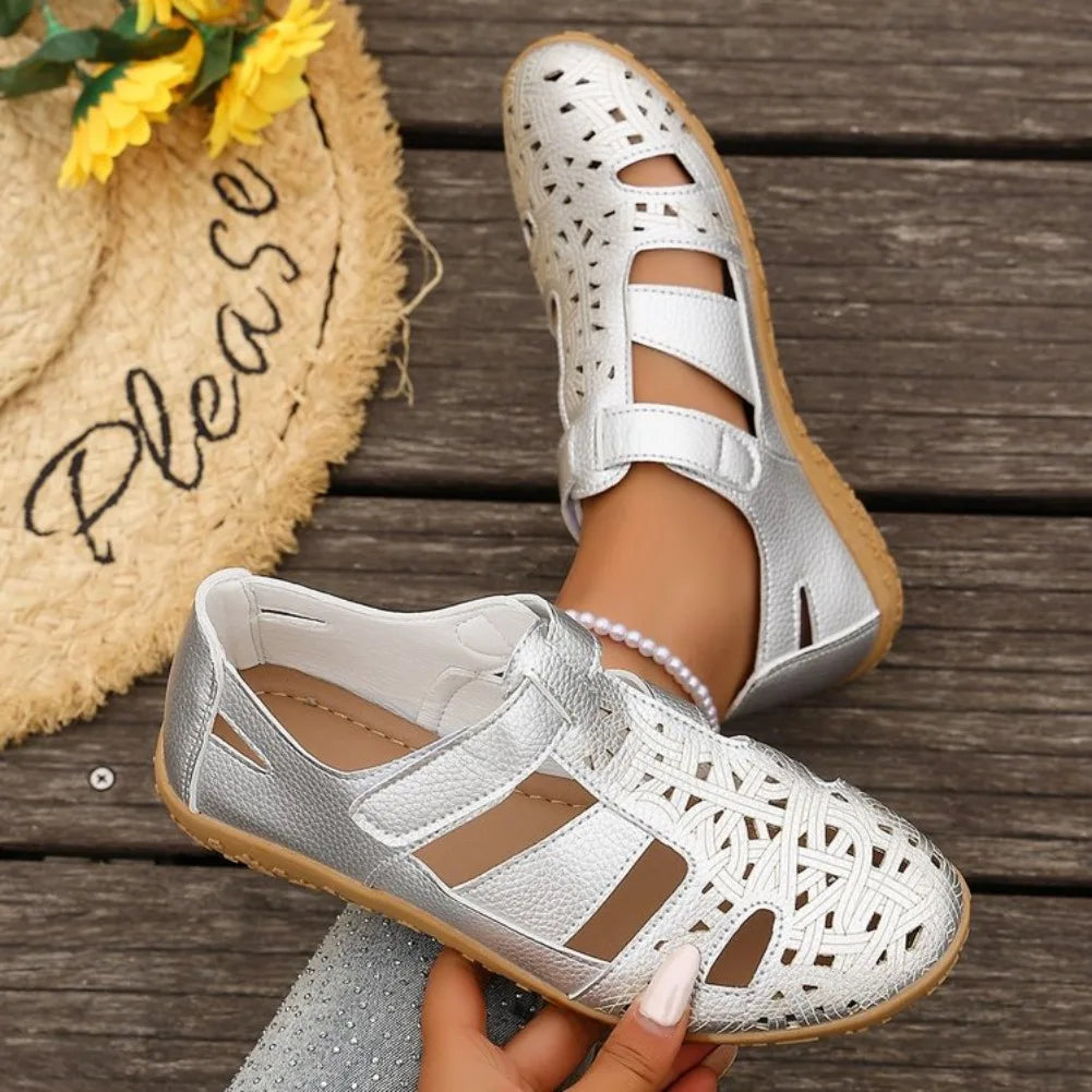 Ginette – Silver Orthopaedic Closed-Toe Perforated Flat Shoes