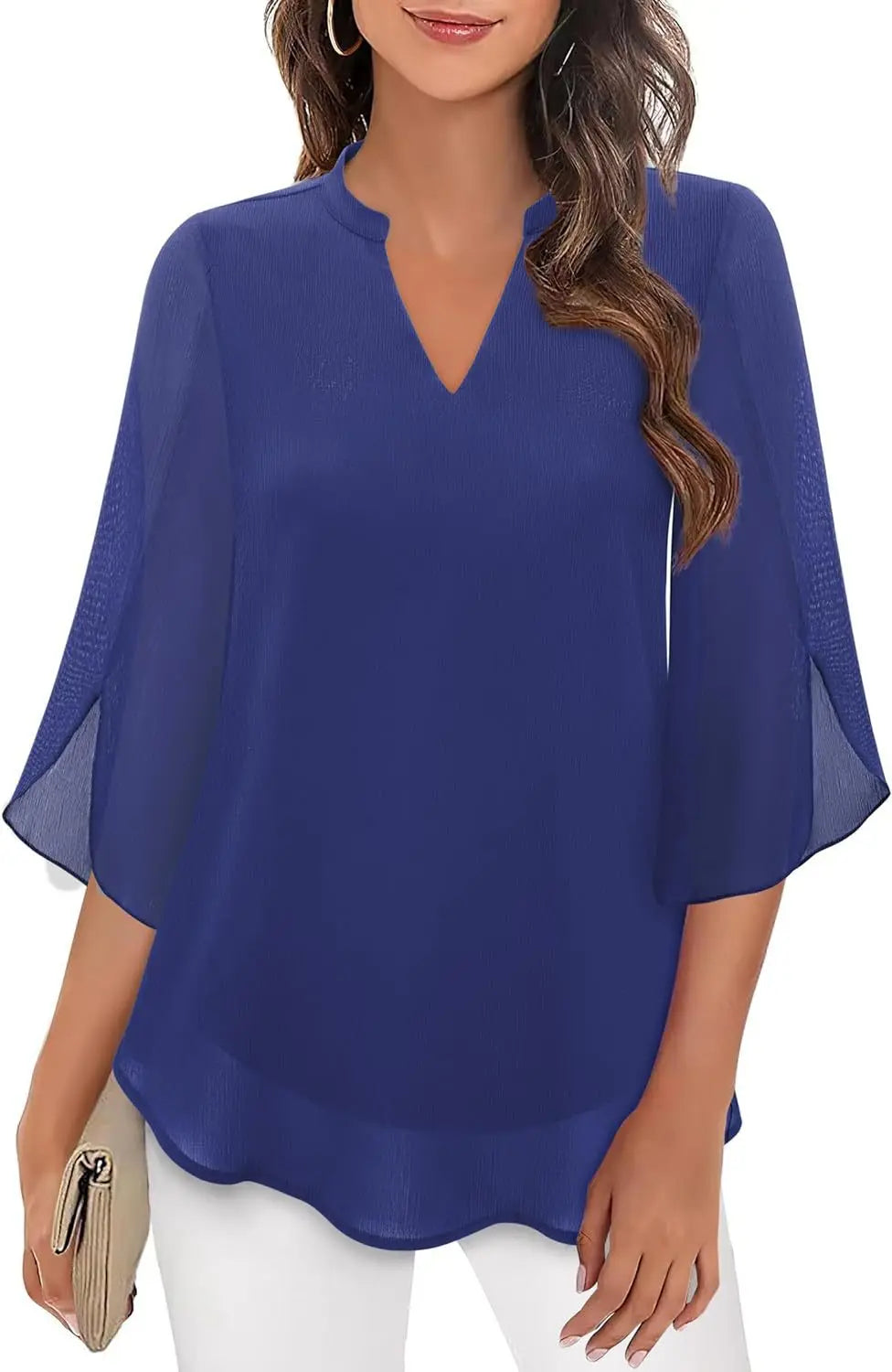 Lynda – Royal Blue Layered Chiffon V-Neck Split-Sleeve Blouse