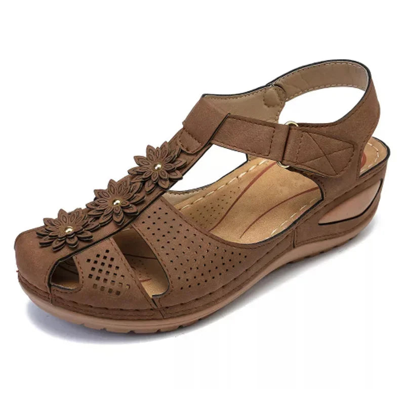 Jolene – Brown Orthopaedic Closed-Toe Floral Wedge Sandals