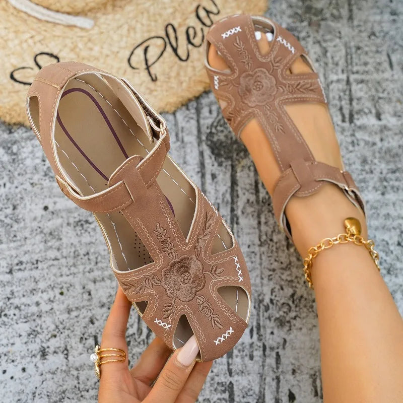 Vonnie Orthopaedic Closed-Toe Embroidered Wedge Sandals