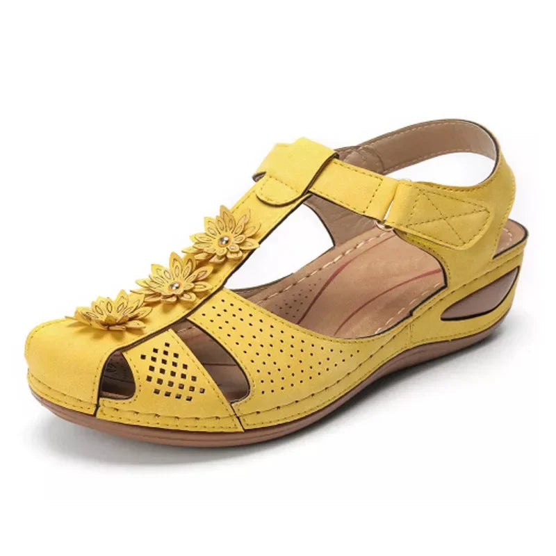 Jolene – Mustard Yellow Orthopaedic Closed-Toe Floral Wedge Sandals