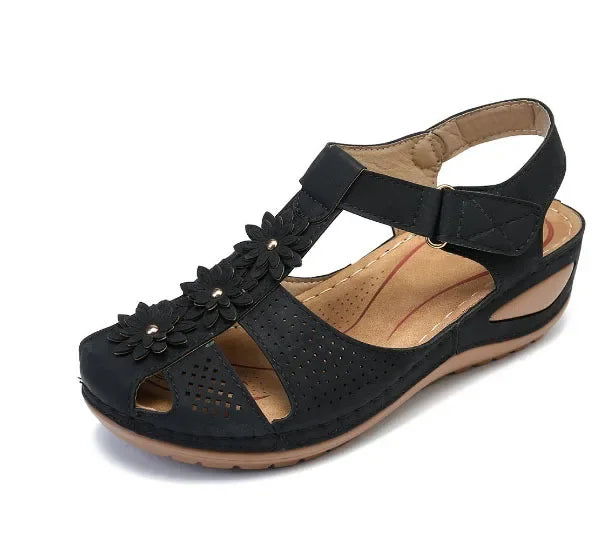Jolene – Black Orthopaedic Closed-Toe Floral Wedge Sandals
