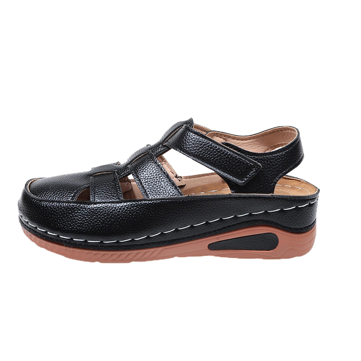 Narelle – Black Orthopaedic Closed-Toe Platform Wedge Sandals