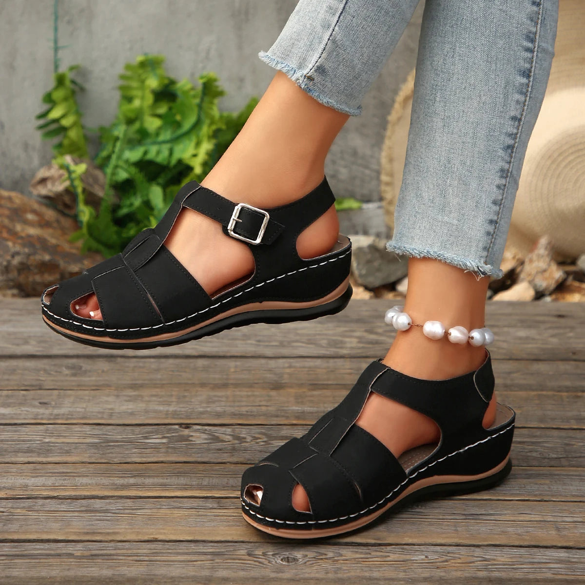 Minnie – Black Orthopaedic Buckle Fisherman Wedge Sandals
