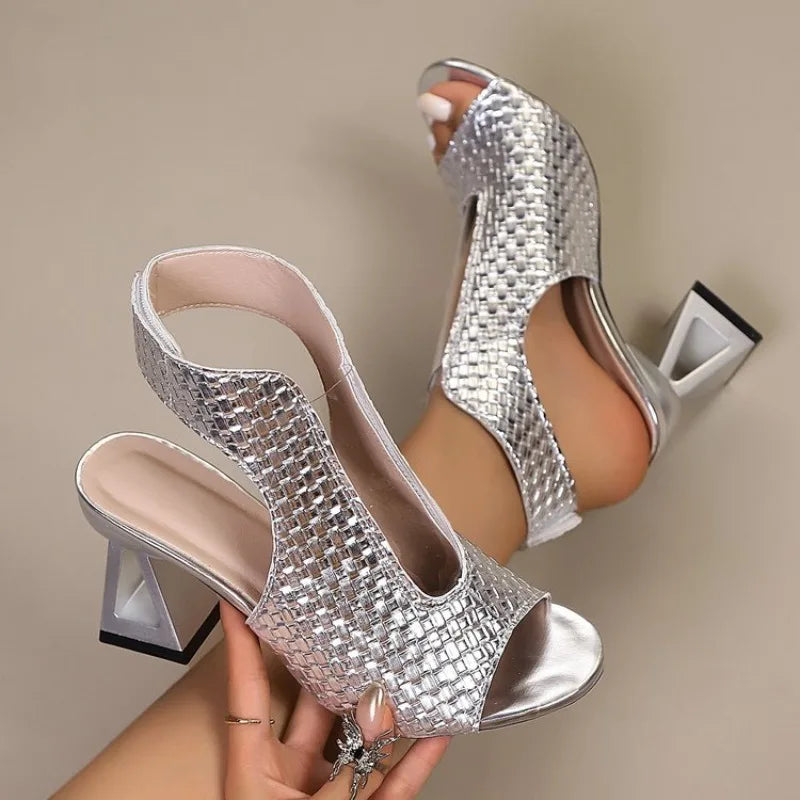 Lucienne – Silver Women's Woven Peep-Toe Slingback Heels