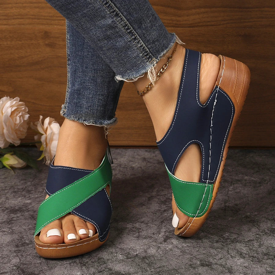 Rosalind Orthopaedic Peep-Toe Wedge Sandals in Navy & Green