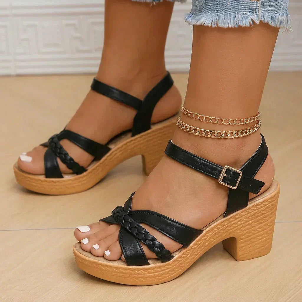 Prudence braided block heel sandals in black