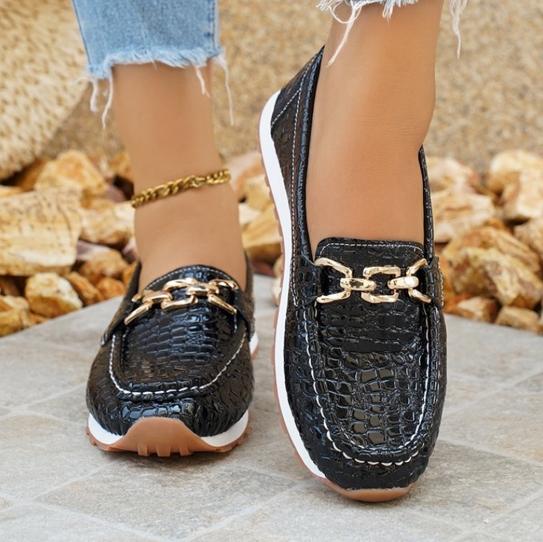 Emmy - Orthopedic Black Crocodile Loafers
