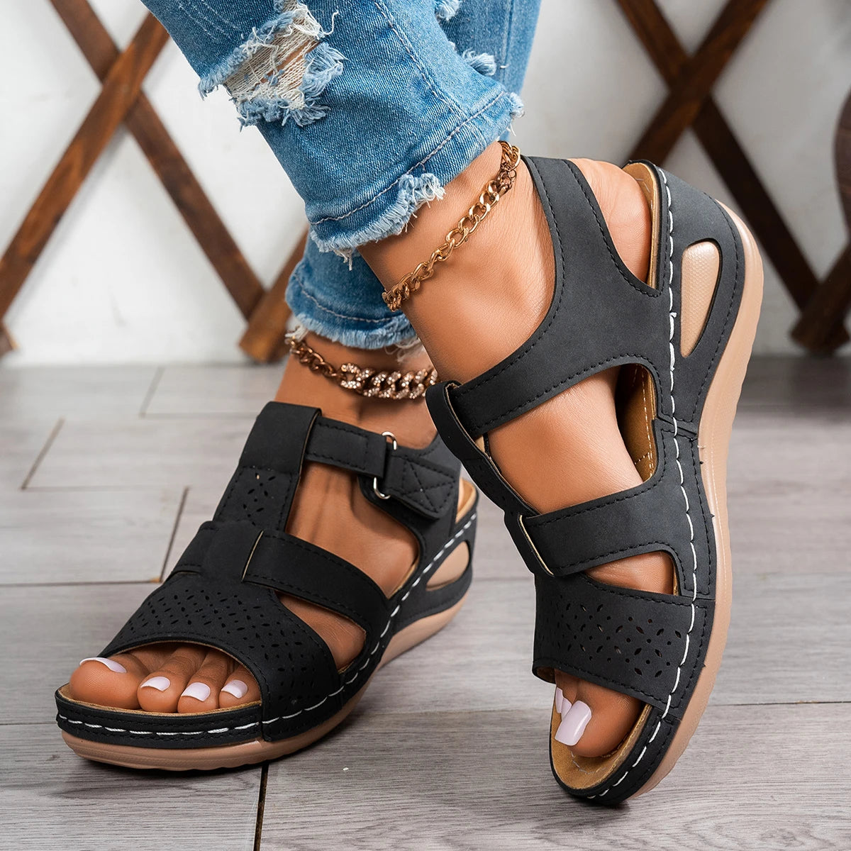 Jeannie – Black Orthopaedic Open-Toe Hook-and-Loop Wedge Sandals