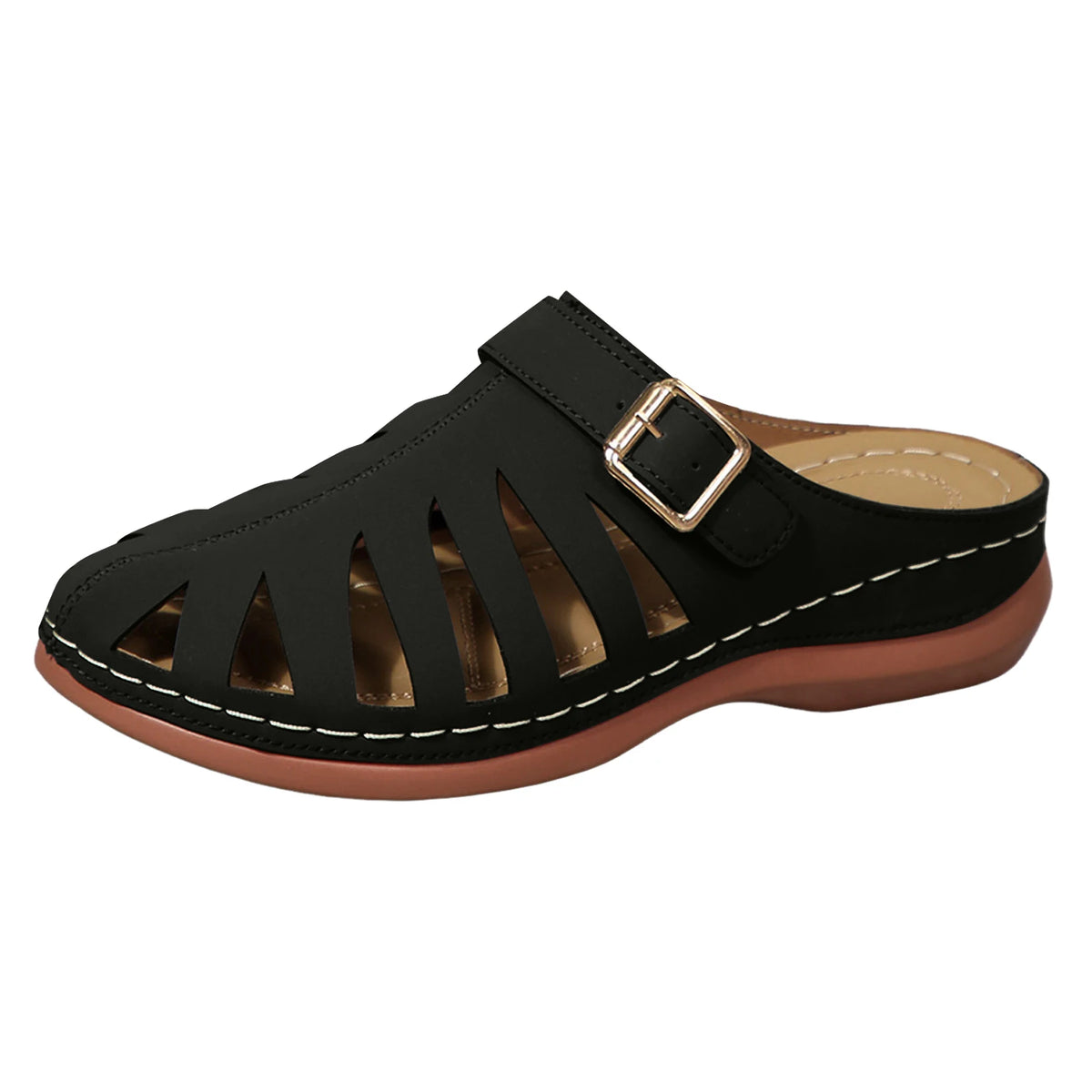 Francine – Black Orthopaedic Closed-Toe Cut-Out Wedge Mules