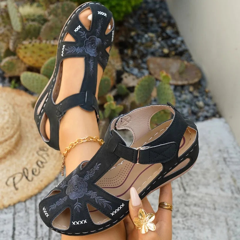Vonnie Orthopaedic Closed-Toe Embroidered Wedge Sandals