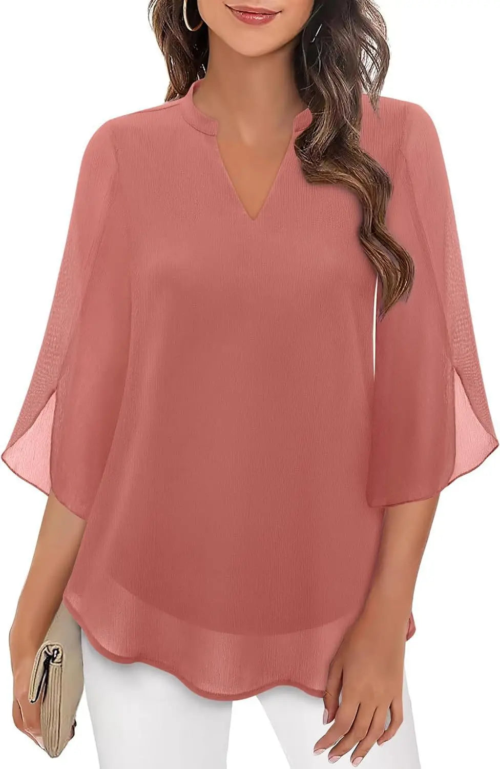 Lynda – Peach Layered Chiffon V-Neck Split-Sleeve Blouse