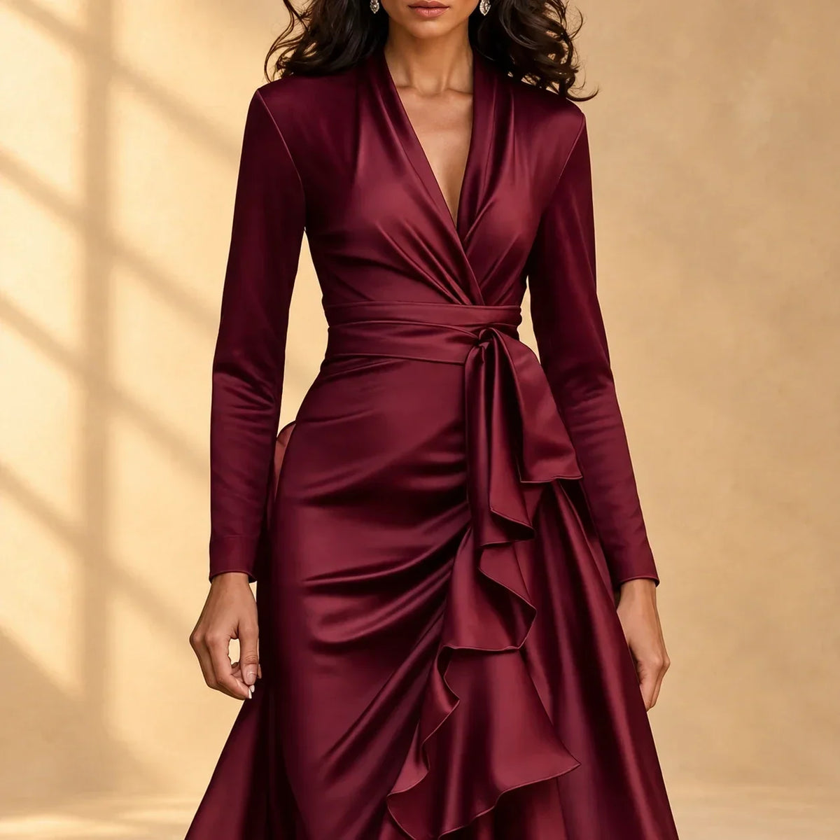 Carolina Satin Wrap Ruffle Evening Dress