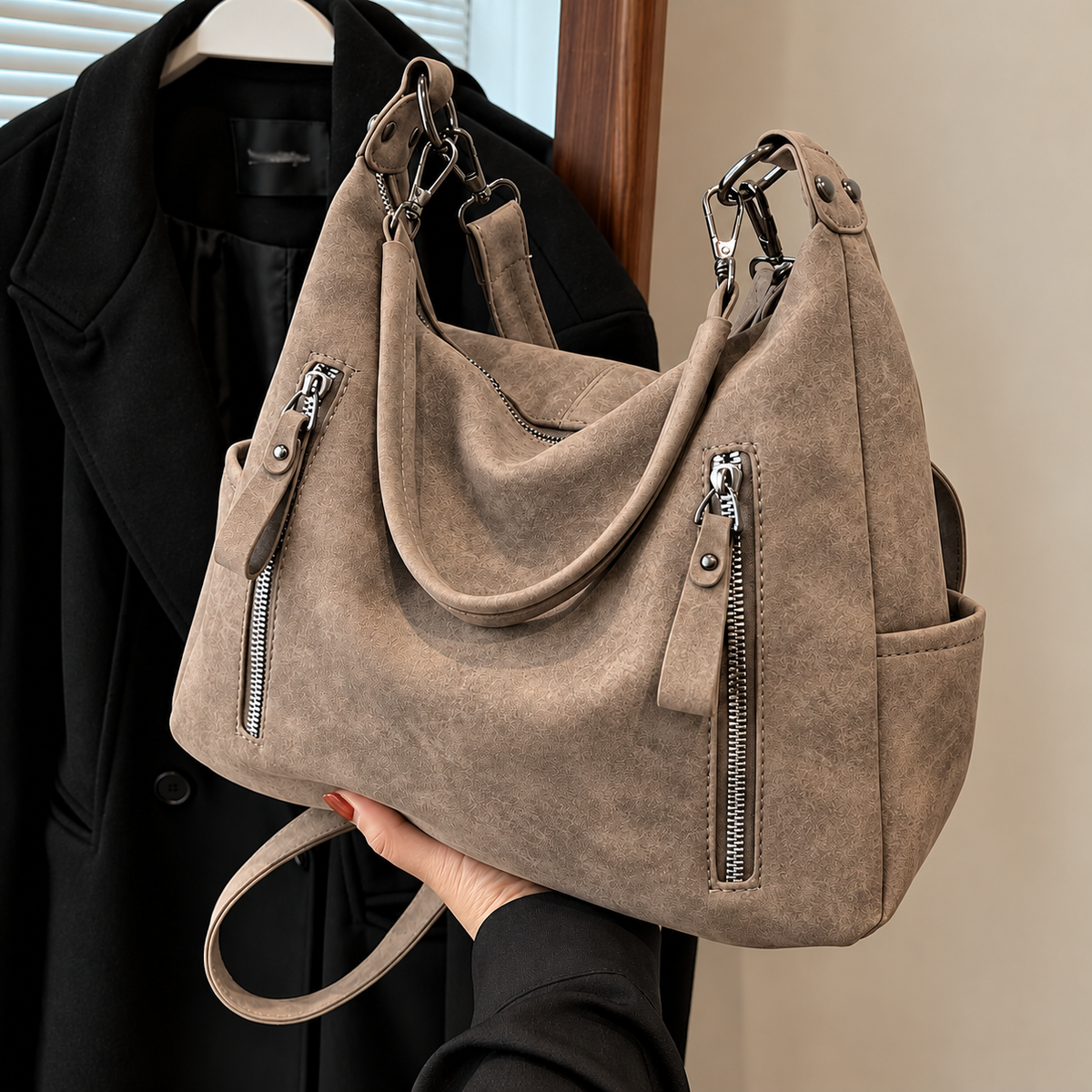 Beryl Suede-Look Zip Hobo Bag