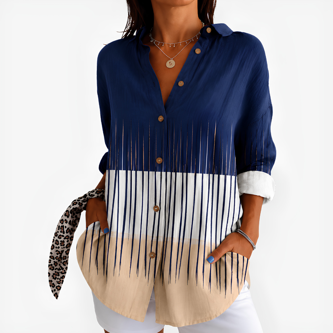 Fay – Navy, White & Sand Navy Colour-Block Stripe Button-Up Blouse